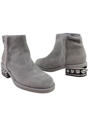 Nicholas Kirkwood Luna Booties 38.5 Gray Suede Pearl Heel Side Zip Ankle Boot